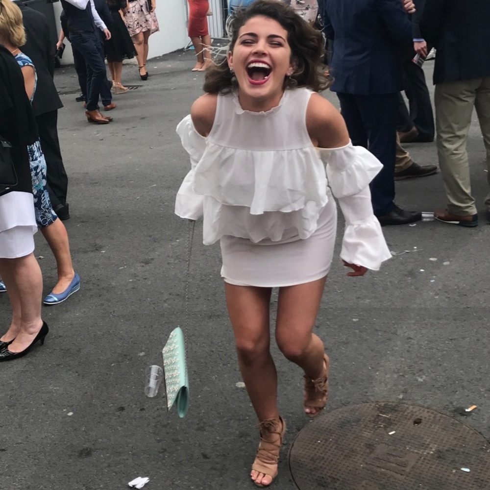 PLT white ruffle off the shoulder mock neck mini dress